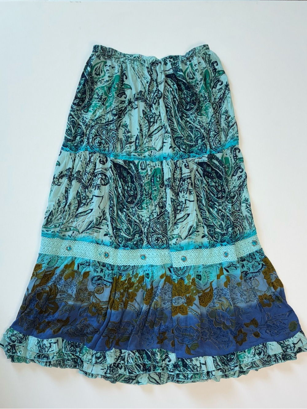Forbidden LA Paisley Boho Midi Skirt in Aqua and Teal